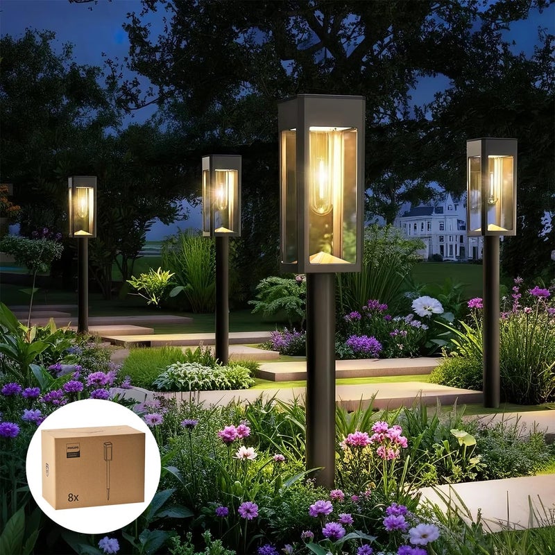 Philips 8 Packs Solar Pathway Lights Outdoor, Glass Metal Led Garden Landscape Lightings, 3000K Warm White, Waterproof for Decor Yard, Walkway, Patio, Driveway, Lawn - Image 1